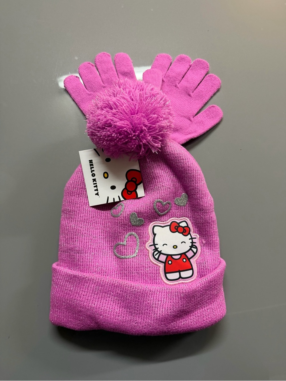 Hello Kitty Pink Pom Pom Beanie with Matching Gloves